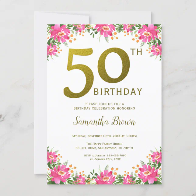 Elegant Gold 50th Birthday Pink Floral Invitation | Zazzle