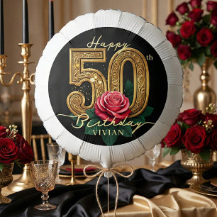 Elegant Gold 50th Birthday Red Rose Floral Party Balloon