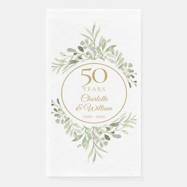 Elegant Gold 50th Wedding Anniversary Greenery Paper Guest Towels (Front)