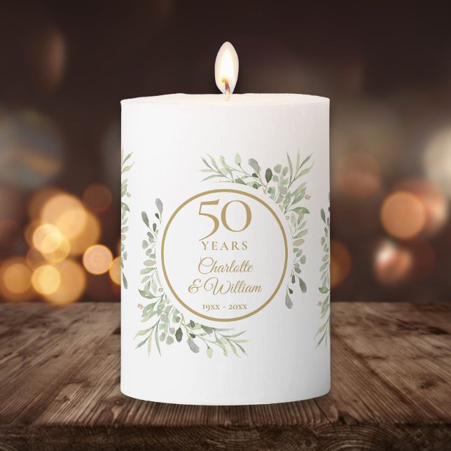 Elegant Gold 50th Wedding Anniversary Greenery Pillar Candle (Creator Uploaded)