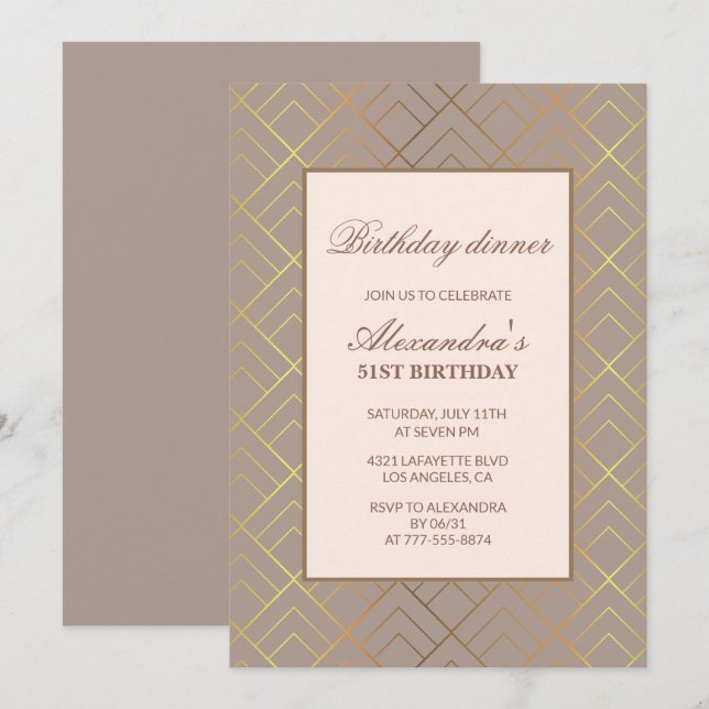 Elegant Gold 51st birthday Dinner invitations  (Front/Back)