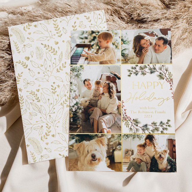 Elegant Gold 5 Photo Collage Happy Holidays Card (Creator Uploaded)