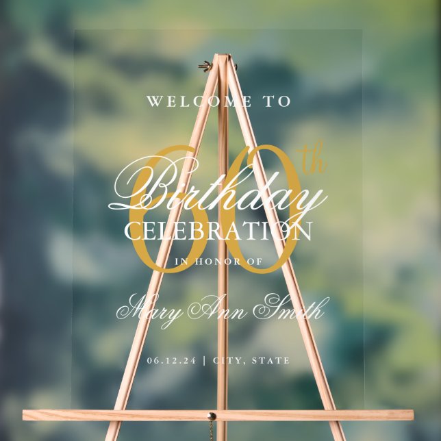 Elegant Gold 60th Birthday Party Welcome  Acrylic Sign (Neutral)