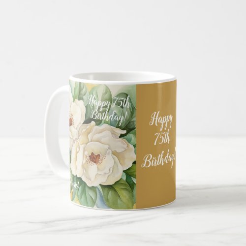 Elegant Gold 75th Birthday Floral Magnolia Name Coffee Mug