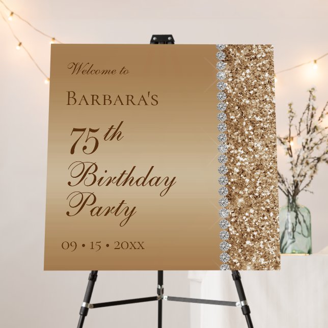 Elegant Gold 75th Birthday Party Welcome Sign (In Situ (Stand))