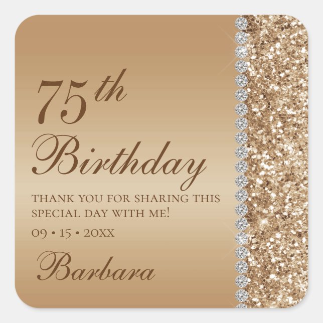 Elegant Gold 75th Birthday Thank You Square Sticker (Front)