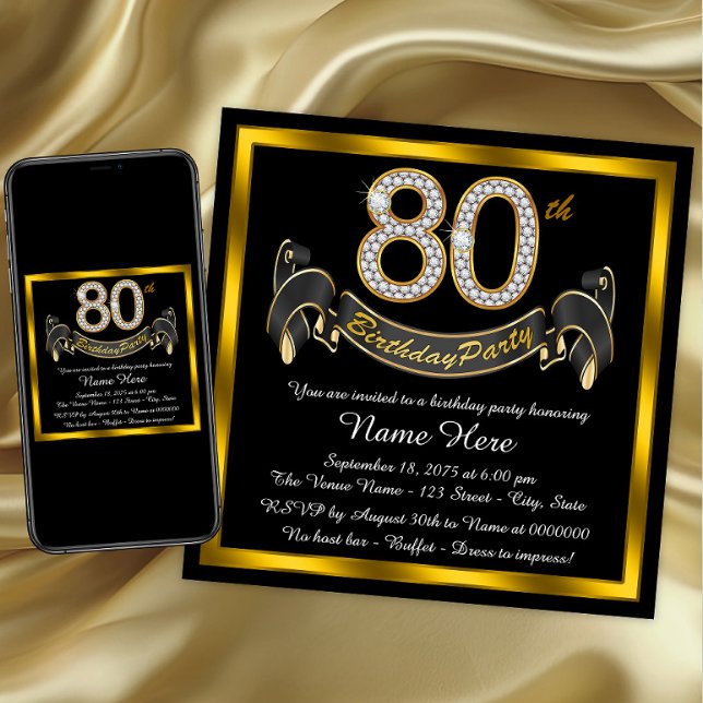 Elegant Gold 80th Birthday Party Invitation