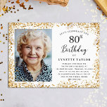 Elegant Gold 80th Birthday Party Invitation<br><div class="desc">This 80th Birthday Party invitation is perfect for anyone looking to toast to being 80 and still fabulous! The design features a glamorous golden glitter border and elegant handwritten script typography. Easily upload your own photo and edit all the details using the template provided. Please contact the designer for any...</div>