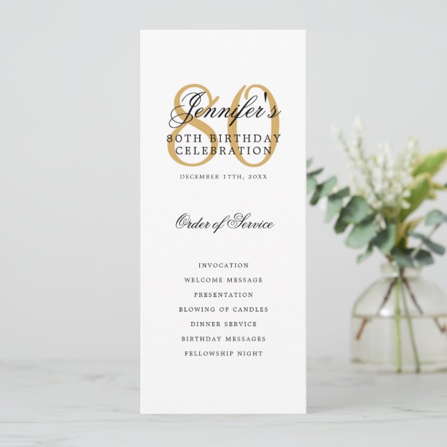 Elegant Gold 80th Birthday Party Program Menu (Standing Front)