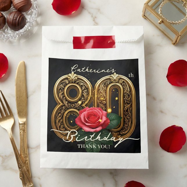 Elegant Gold 80th Birthday Red Rose Floral Black Favor Bag (Creator Uploaded)