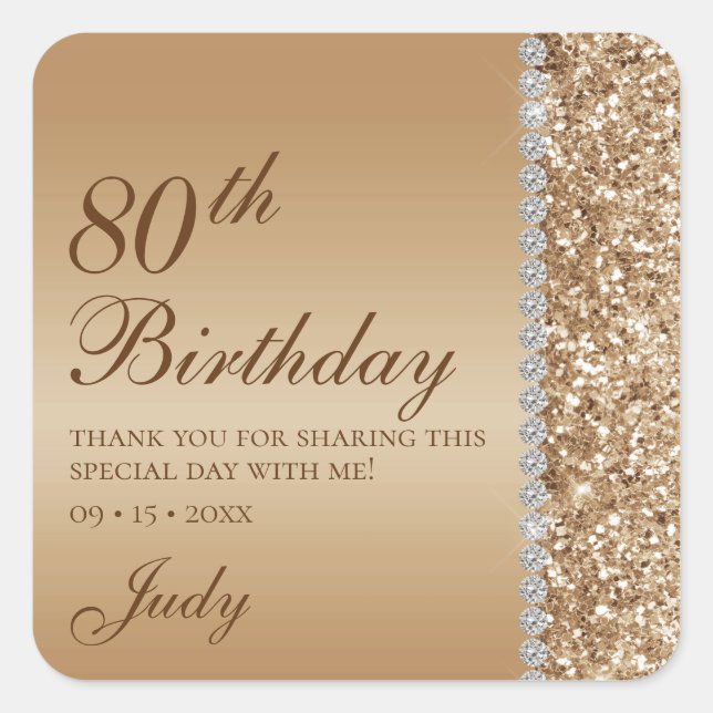 Elegant Gold 80th Birthday Thank You Square Sticker (Front)