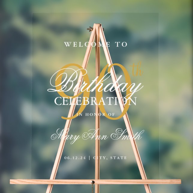 Elegant Gold 90th Birthday Party Welcome  Acrylic Sign (Neutral)