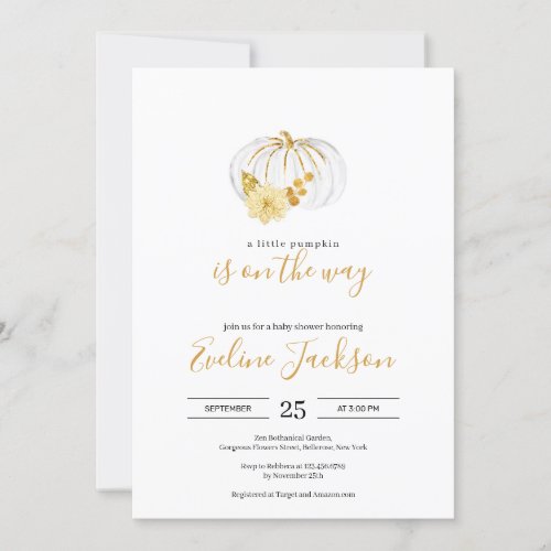 Elegant gold a little pumpkin ins on the way baby invitation