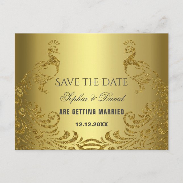 Elegant Gold Abstract Peacock Wedding Announcement Postcard (Front)