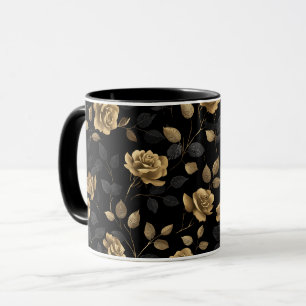 Elegant Gold Accent Rose Black Floral Pattern Mug