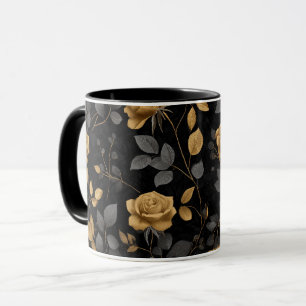 Elegant Gold Accent Rose Black Floral Pattern Mug