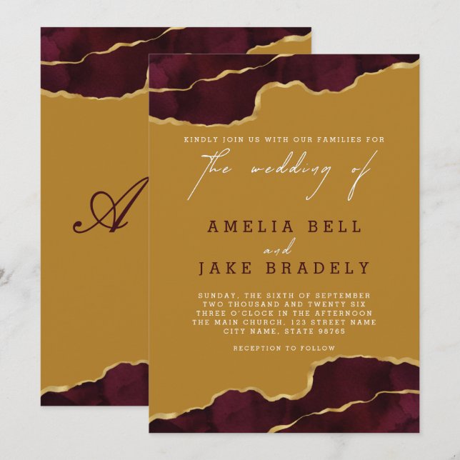 Elegant Gold Agate Burgundy Wedding Invitation (Front/Back)