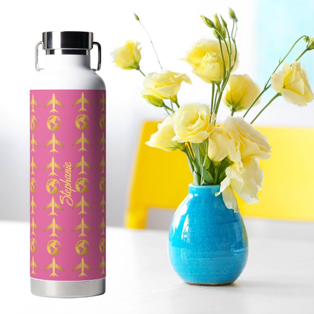 Elegant Gold Airplane World Globe,Minimalist pink Water Bottle (Creator Uploaded)