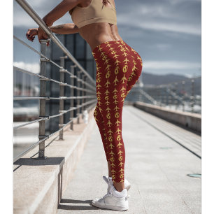 Elegant Gold Airplane & World Globe,Minimalist Red Leggings