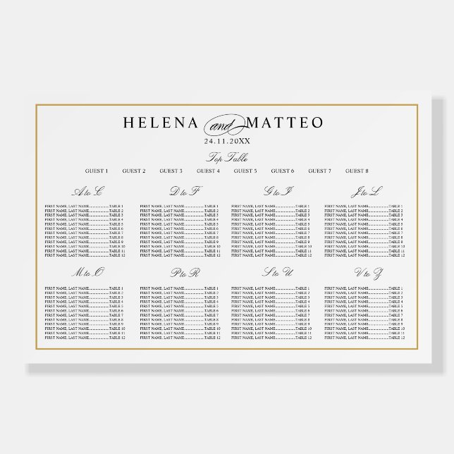 Elegant Gold Alphabetical Wedding Seating Chart Foam Board (Front)
