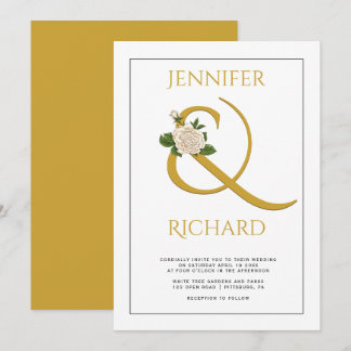 Elegant gold ampersand and white rose wedding invitation