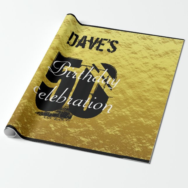 Elegant Gold and Black 50th Any Age Birthday Wrapping Paper (Unrolled)