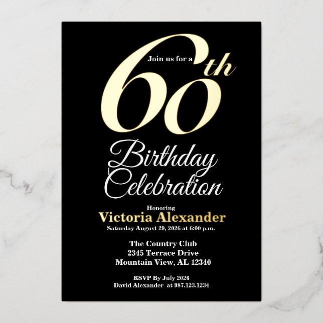 Elegant Gold and Black 60th Birthday Foil Invitation (Front)