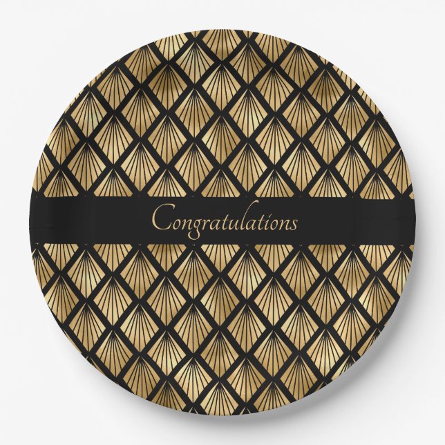 Elegant Gold and Black Art Deco Geometric Fans  Paper Plates (Front)