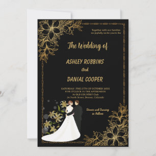 Elegant gold and Black Border floral Wedding  Invitation