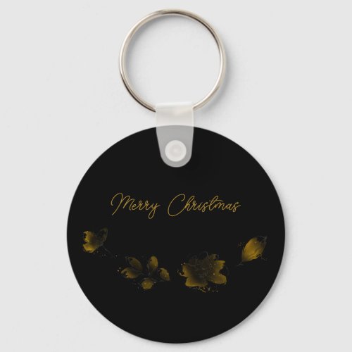 Elegant Gold and Black Botanical Merry Christmas Keychain