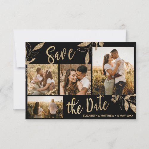 Elegant Gold and Black Botanical Photo Collage Sav Save The Date