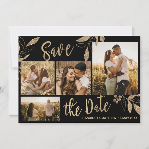 Elegant Gold and Black Botanical Photo Collage Save The Date