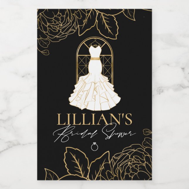 Elegant Gold and Black Bridal Dress Bridal Shower Wine Label (Single Label)