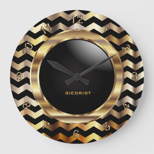 Elegant Gold and Black Chevron Design Large Clock
