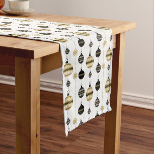 Elegant Gold and Black Christmas Ornaments Pattern Long Table Runner