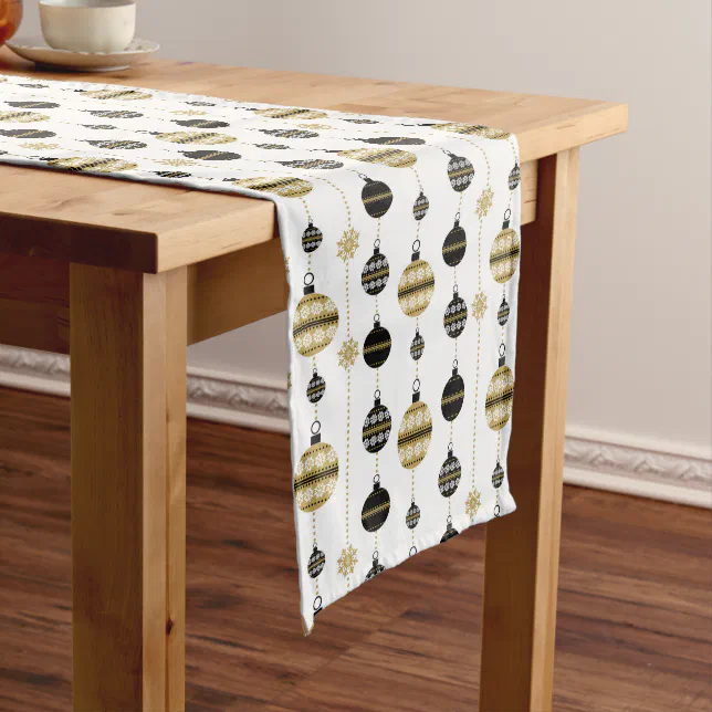 Elegant Gold and Black Christmas Ornaments Pattern Long Table Runner ...
