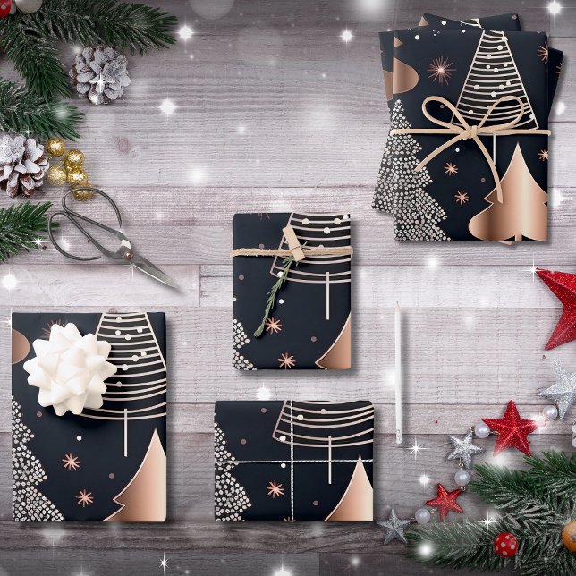 Elegant Gold and Black Christmas Trees Wrapping Paper Sheets (Creator Uploaded)