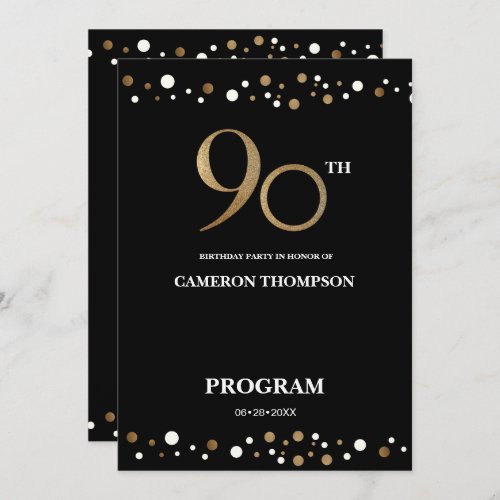 Elegant Gold and Black Confetti 90th birthday  Program