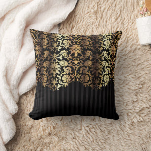 Elegant Gold and Black Damask and Stripes Throw Pillow