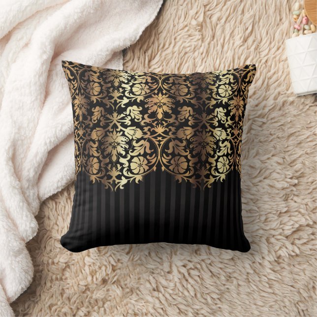 Elegant Gold and Black Damask and Stripes Throw Pillow (Blanket)