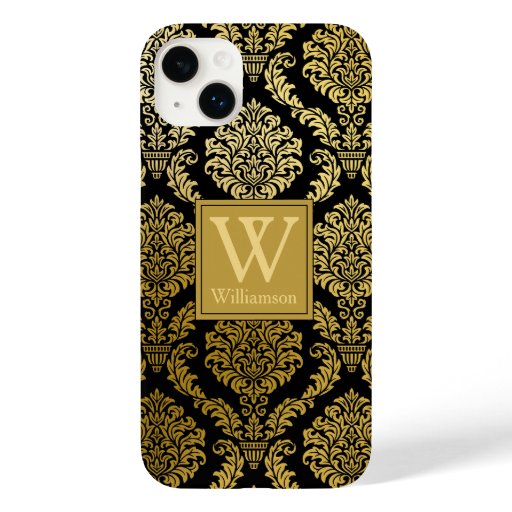 Elegant Gold and Black Damask Print Personalized Case-Mate iPhone 14 Plus Case