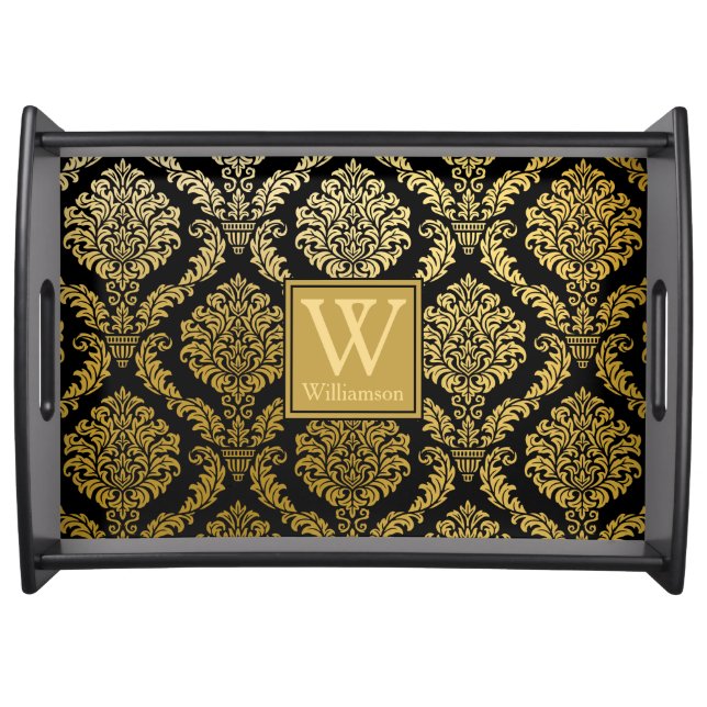 Elegant Gold and Black Damask Print Personalized Serving Tray (Front)