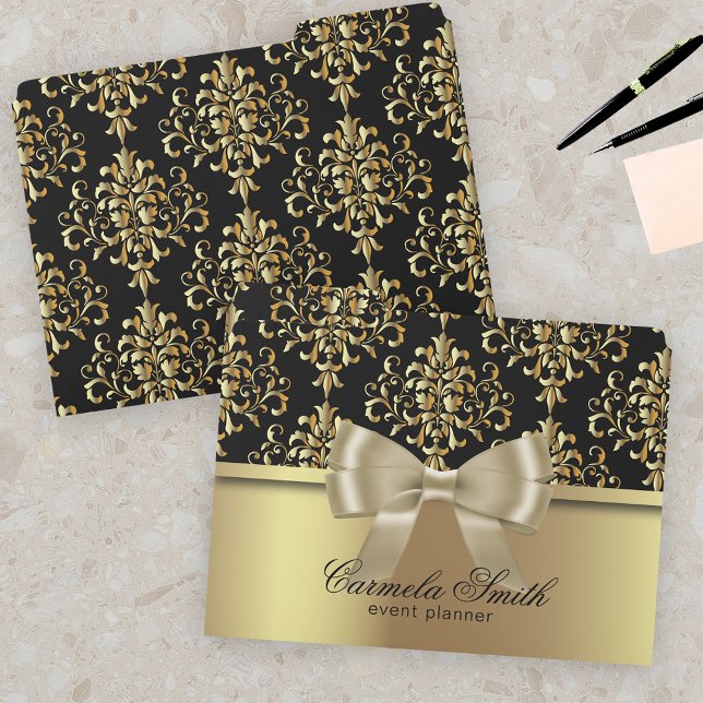 Elegant Gold and Black Damask With Ribbon Bow  File Folder (Creator Uploaded)