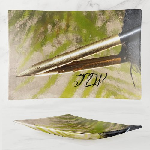 Elegant Gold and Black Feather Quill with Initials Trinket Tray