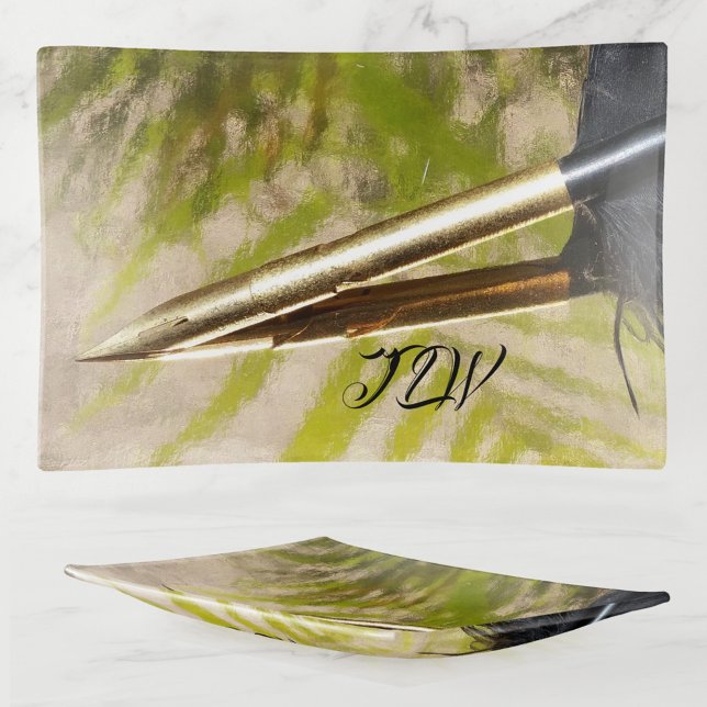 Elegant Gold and Black Feather Quill with Initials Trinket Tray (Creator Uploaded)