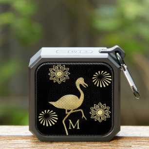 Elegant Gold and Black Flamingo Art Monogram Bluetooth Speaker