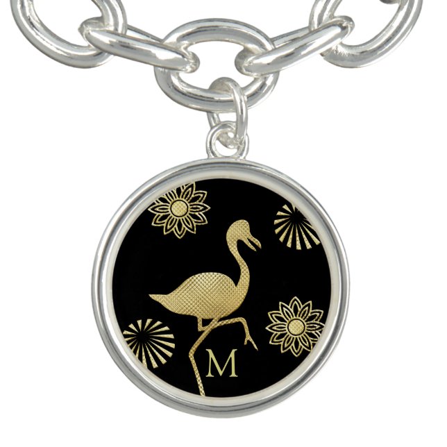 Elegant Gold and Black Flamingo Art Monogram Bracelet (Design)
