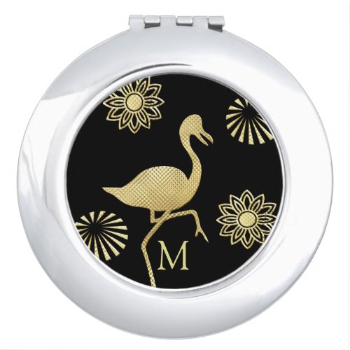 Elegant Gold and Black Flamingo Art Monogram Compact Mirror