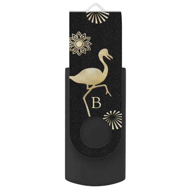 Elegant Gold and Black Flamingo Art Monogram Flash Drive (Front Vertical)