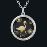 Elegant Gold and Black Flamingo Art Monogram Silver Plated Necklace<br><div class="desc">Elegant monogrammed necklace with gold colored flamingo and flower design.</div>